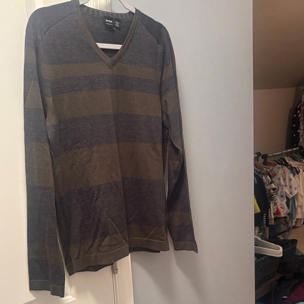 Hugo Boss Boss Brown Striped V-Neck Merino Wool Sweater Made in Italy Size L NWT